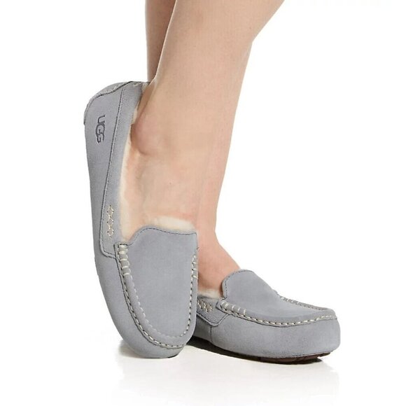 UGG Australia Ansley Slipper Gray Suede Moccasin Loafer Sheepskin Women's 5M - Picture 1 of 4